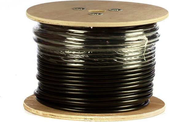 Câble noir sur une bobine en bois.