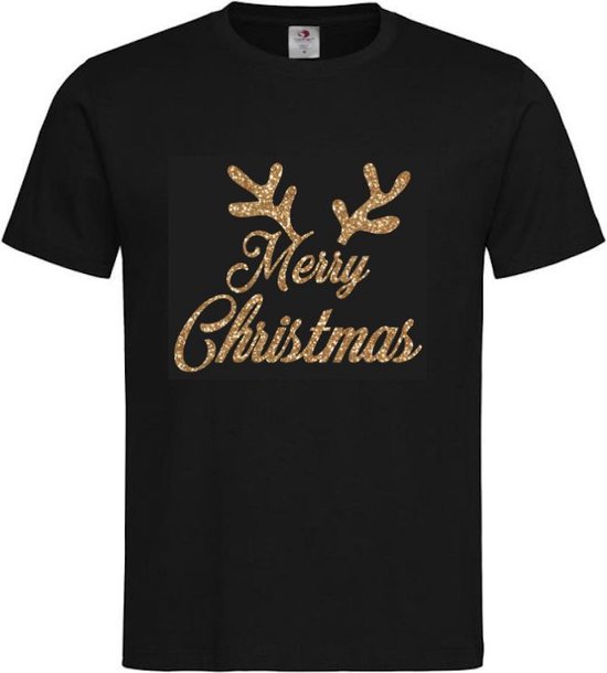 T-shirt Enfants Noël Noël "Joyeux Noël avec des bois" | manche courte | PAILLETTES Zwart/ Or | taille 86/92