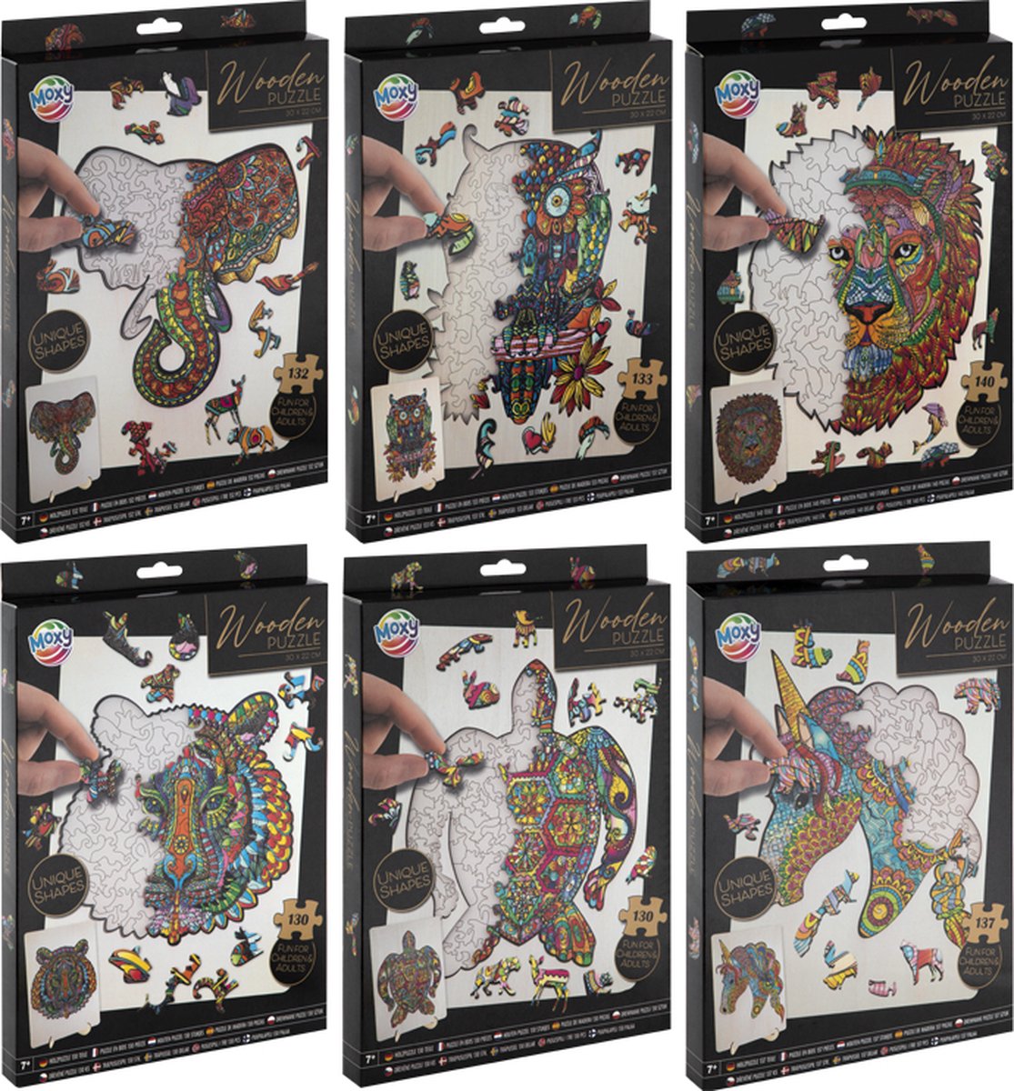 Houten Puzzel 6pcs - Dierenpuzzels voor Kinderen en Volwassenen - Olifant, Uil, Leeuw, Eenhoorn, Schildpad, Tijger - Unieke Puzzelstukjes - Ideaal Cadeau
