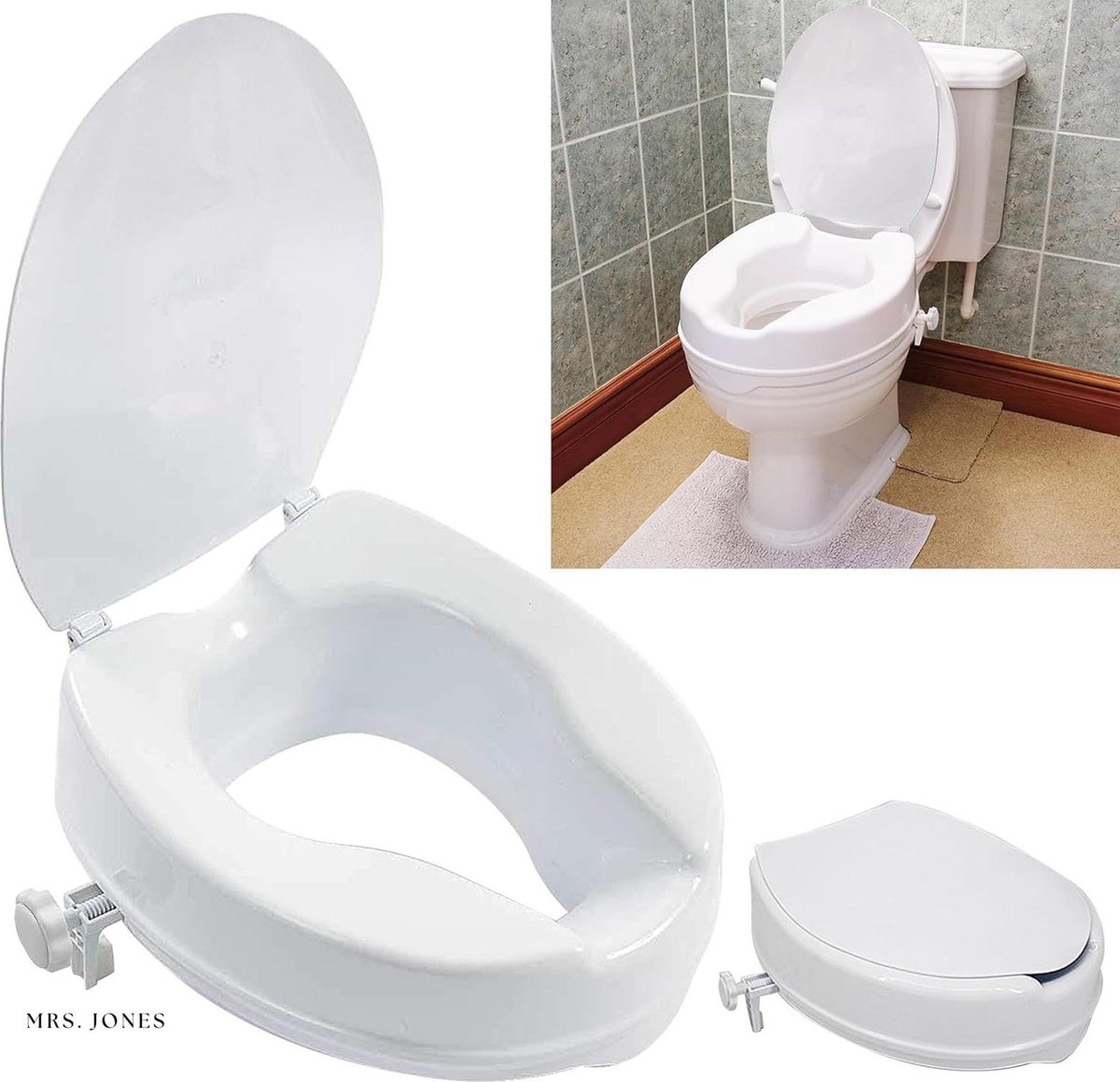 Mrs. Jones - Toiletzitverhoging met deksel - 5-15 cm - Senioren - Zwangere vrouwen - Gehandicapten - Verhoogd toiletopzetstuk - 16 cm Toiletverhoger