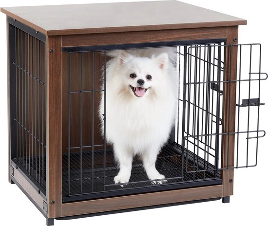 Mygroot - Stijlvolle Banche - Vintage - Pet Krat Hond - Met Tafel - Hout - Slagboom Met Floor Tray - Voor Indoor - dubbele deur.