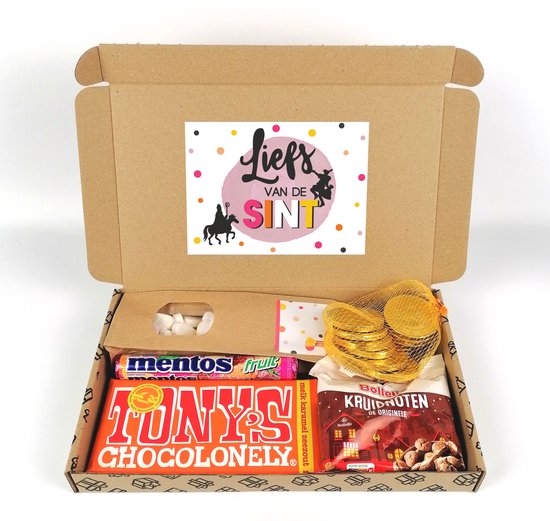 Cadeaupakketje Sinterklaas - brievenbuspakket - Liefs van de Sint - Bolletje kruidnoten - chocolade munten - Tony chocolonely - hartjes - Mentos