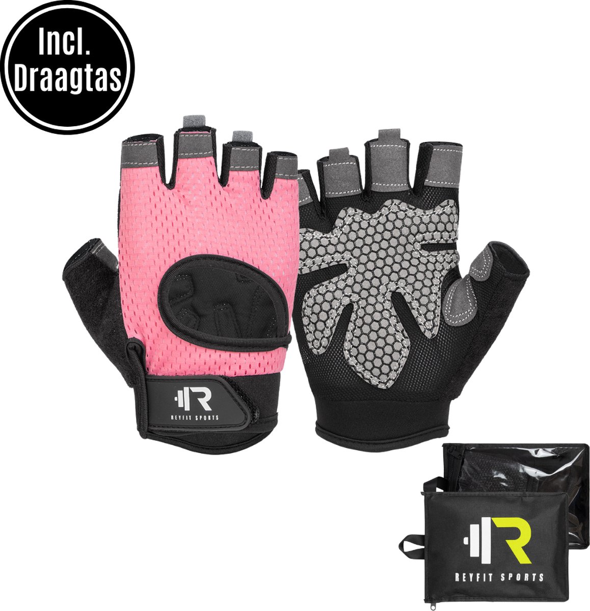 ReyFit Sports Fitness Handschoenen - Fitness Gloves - CrossFit & Powerlifting - Fitness Accessoires - Krachttraining Artikelen - Inclusief Draagtas - Roze - S