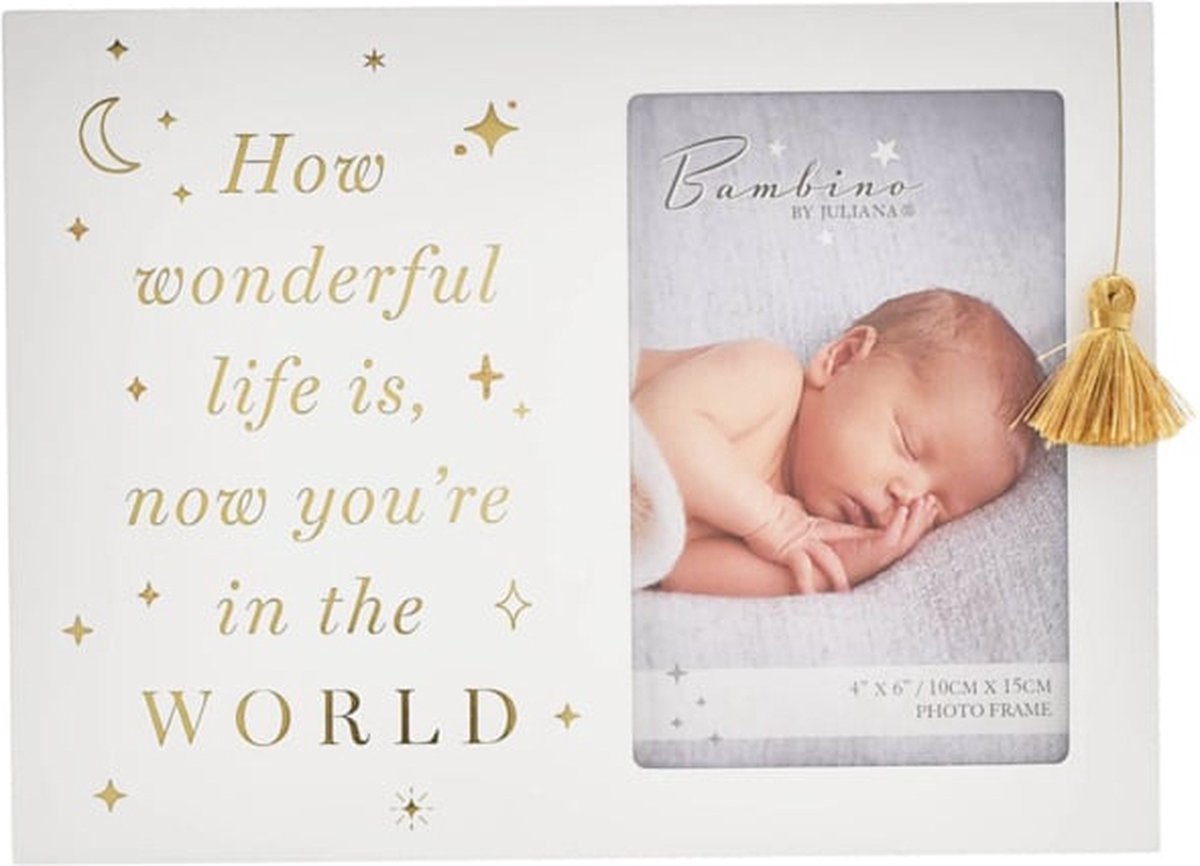 Bambino houten fotolijst 'Wonderful Life' met kwasthangertje Kraamcadeau