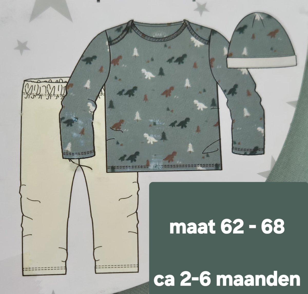 Goedkoopste Baby gift set maat 62-68 2-6 maanden - Babygeschenkset shirt, broek en mutsje groen met beige - Dino's - Kraamcadeau -Baby cadeau set dinosaurus