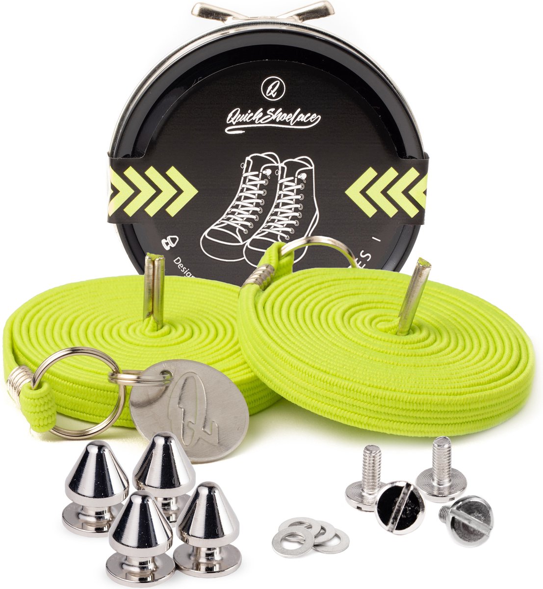 Quick shoelaces - Met één hand veters strikken - NEON Yellow - Schoenveter met fixatie spikes - Neon Geel