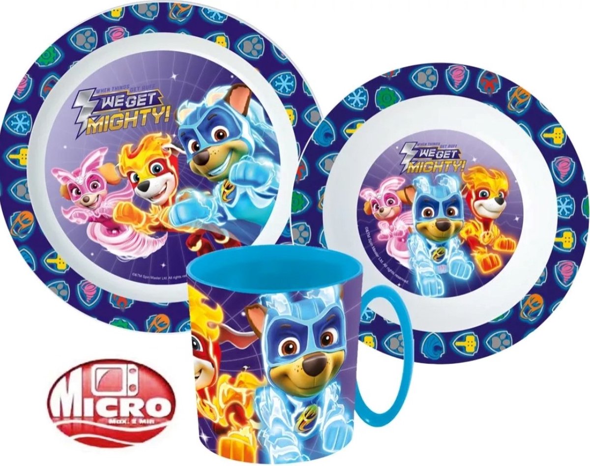 Goedkoopste Paw Patrol Weget Mighty Ontbijtset - Lunchset - Dinerset Bord, Schaal en Beker 350ml
