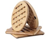 Dessous de verre en bambou naturel, lot de 4 coussinets antidérapants résistants à la chaleur pour plats chauds, casseroles et poêles, grands dessous de plat carrés et ronds (15 cm)