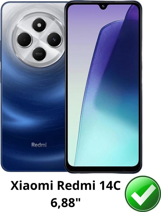 Xiaomi Redmi 14C 6,88" avec coque transparente et dos rayé bleu à quatre caméras.