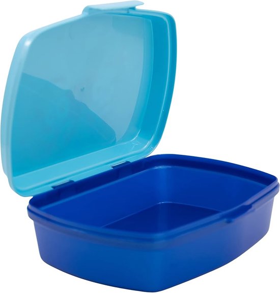 Open blauwe broodtrommel met lichtblauwe deksel.