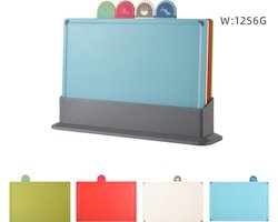 foto van Luxe Index Snijplankenset - met Sapgeul - 30x23.5 cm - 4 stuks - met Houder - Duurzaam en milieuvriendelijk - Snijplanken - Snijplank