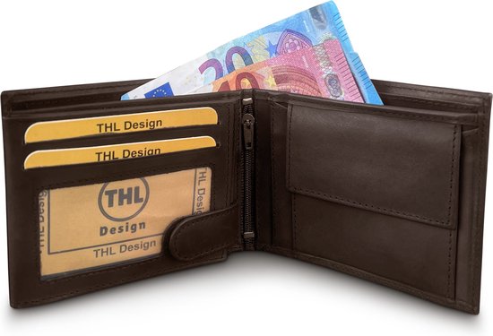 THL Design - Portefeuille Homme - Billfold - Portefeuille Cuir Homme - 10 cartes - Cuir Marron Foncé