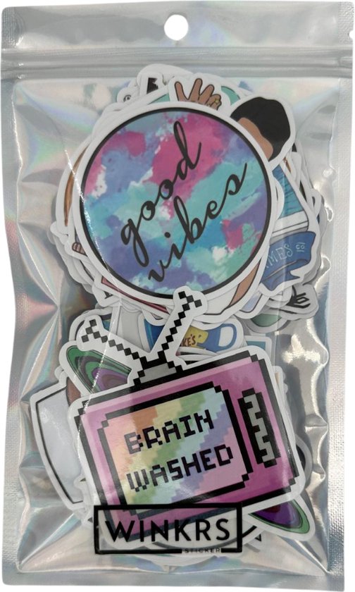 Een pakje met 50 verschillende stickers, met o.a. een retro TV-scherm met de tekst 'Brain Washed WINKRS' en een ronde sticker met 'good vibes'.