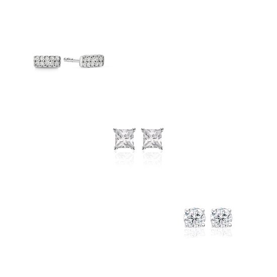 New Bling 9NB-SET040 Ensemble de Clips d'oreilles' oreilles à tige en argent - 3 paires - Earparty - Boucles d'oreilles - Rectangle 5,8x2,5 mm - 3+4 mm - Zircone - Rhodium - Argent