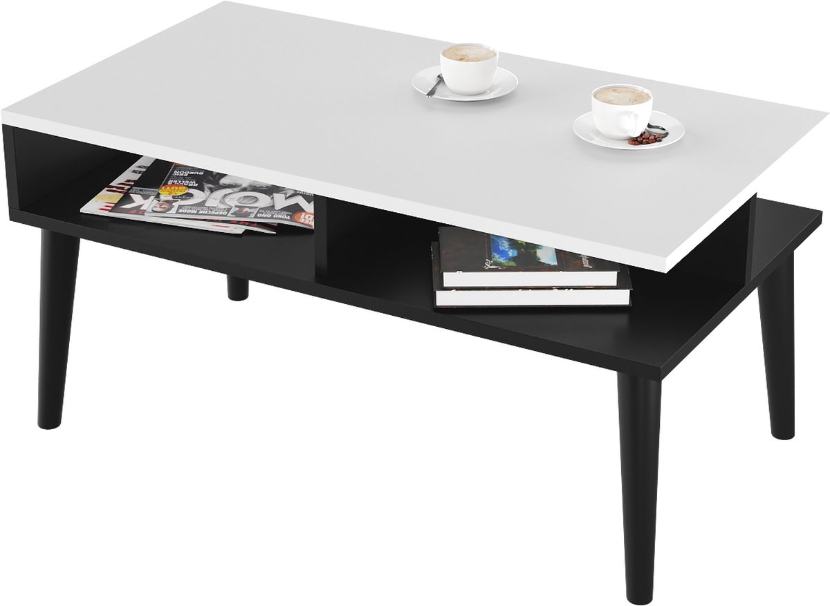 BOGATECO Salontafel met 2 Opbergplanken - 90 x 50 x 45 cm - Sofatafel met Houten Poten - Moderne Woonkamertafel - Stabiele Constructie