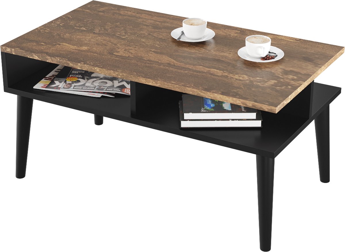 BOGATECO Salontafel met 2 Opbergplanken - 90 x 50 x 45 cm - Sofatafel met Houten Poten - Moderne Woonkamertafel - Stabiele Constructie