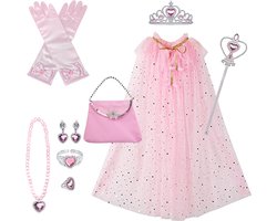 Loha-party®11 stuks Princes verkleed set-verkleedcape-Roze jurk-Carnaval kleeding-verjaardag cadeau-kinder cadeau kit- jurk-Prinsessencape-Crown-Wand-Handschoenen-Oorbel-Ring-armband-handtas-verjaardag-feestartikelen-accessoires-11stuks