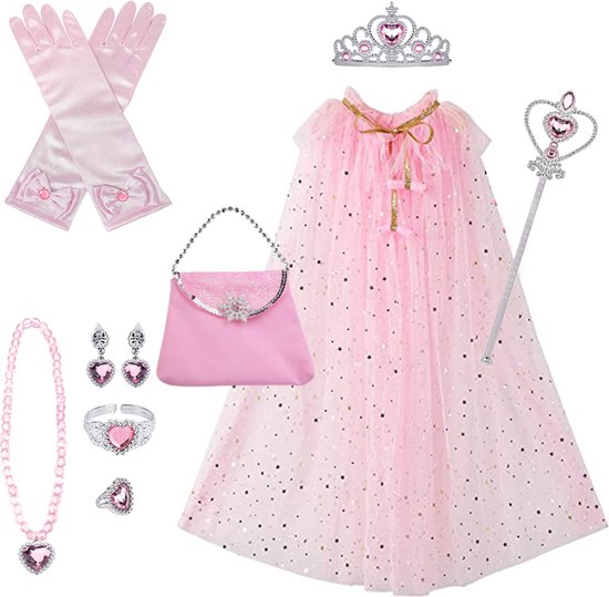 Loha-party®11 stuks Princes verkleed set-verkleedcape-Roze jurk-Carnaval kleeding-verjaardag cadeau-kinder cadeau kit- jurk-Prinsessencape-Crown-Wand-Handschoenen-Oorbel-Ring-armband-handtas-verjaardag-feestartikelen-accessoires-11stuks