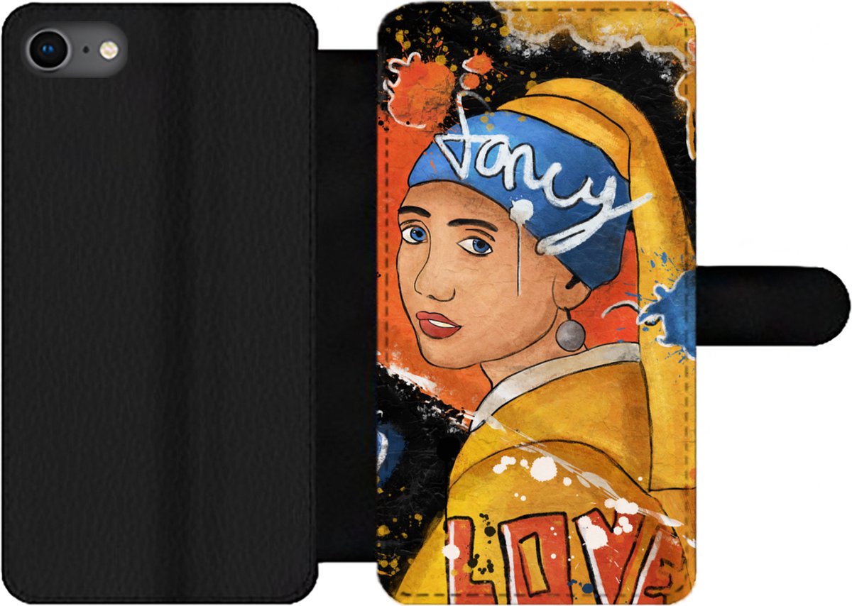 Telefoonhoesje Geschikt voor iPhone SE 2020 telefoonhoesje - Meisje met de parel - Graffiti - Kunst - Met vakjes - Wallet case met magneetsluiting