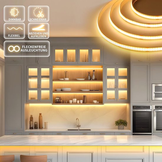 COB LED Strip Warm wit 10M, COB LichtStrip IP44 Waterdicht, LED Strip Dimbaar 24V met Timerfunctie RF Afstandsbediening en voeding, CRI90 Bright Unit Light voor TV, Keuken, Slaapkamer Decoratie