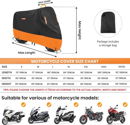 300D Waterdichte Motorhoes Buiten, Motorafdekzeil Wind Regen UV Stof Beschermend met 7 Reflecterende Strips en 2 Afsluitgaten, 1 Handgreep en 1 Opbergetui voor Scooter Bromfiets (XL: 230x95x125 cm