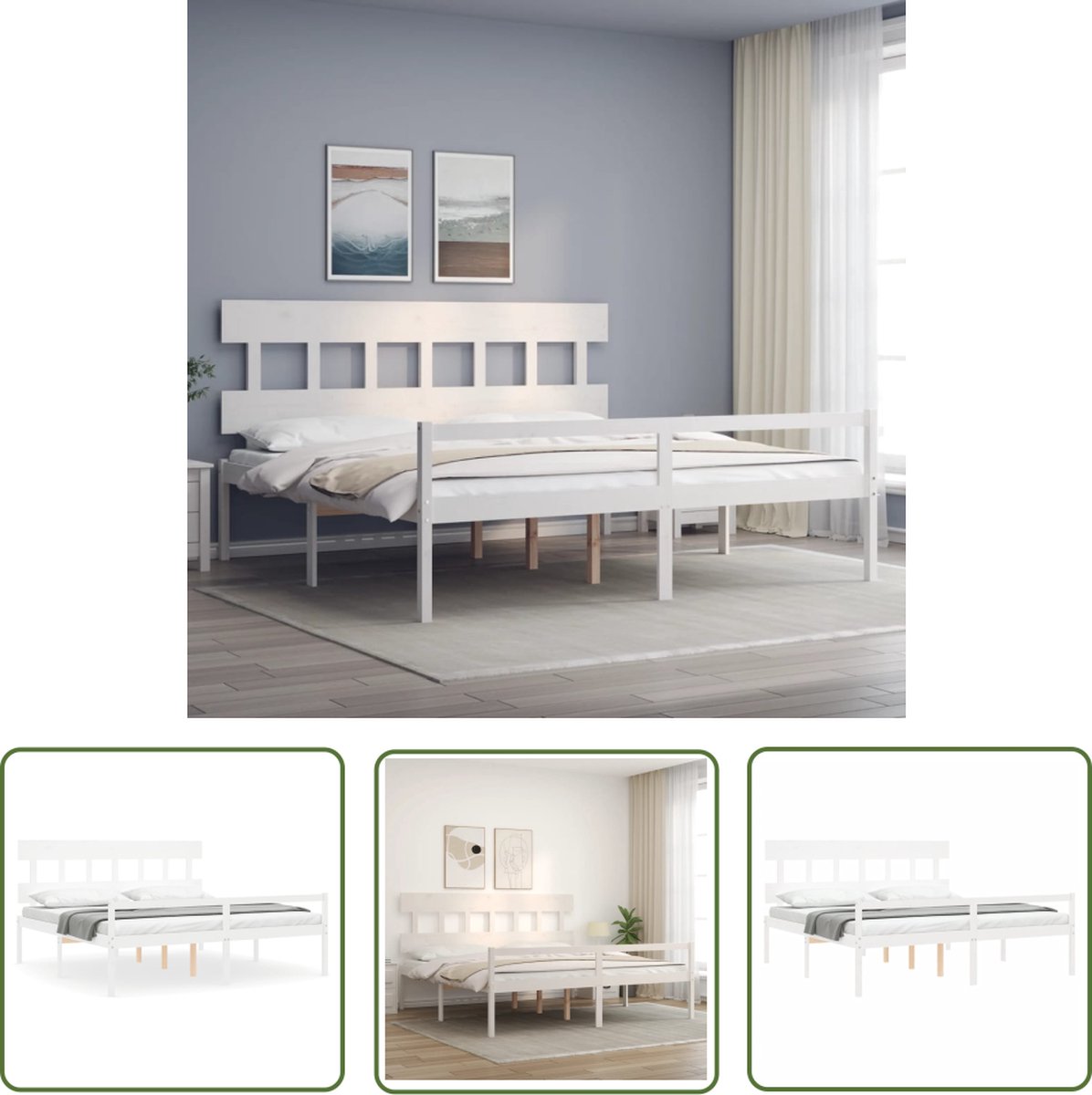 The Living Store Bed Grenenhout - Wit 205.5x205.5x81cm - Stevig en duurzaam