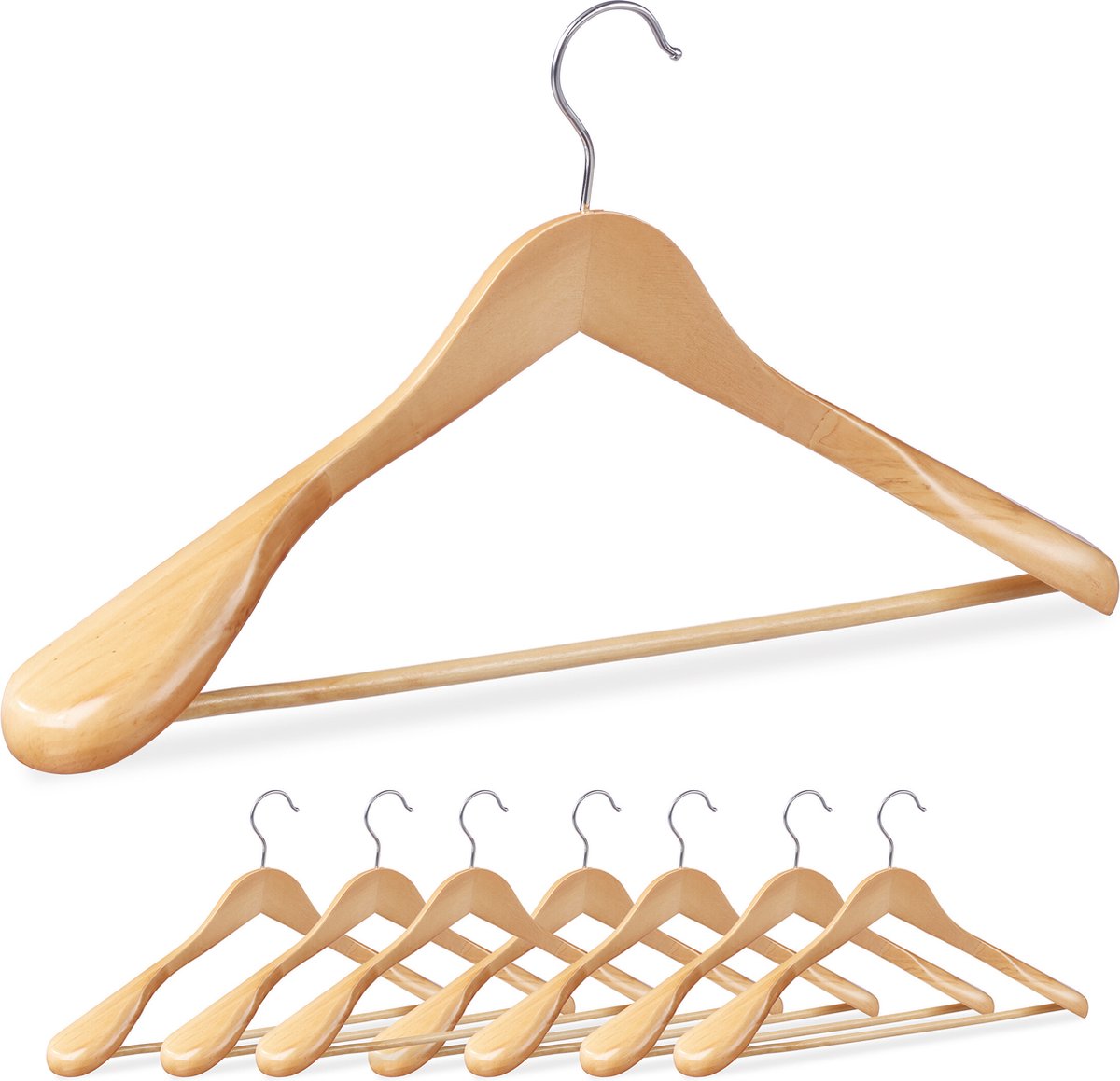 houten kledinghangers - set van 8 - brede schouders - 45 cm breed - natuur