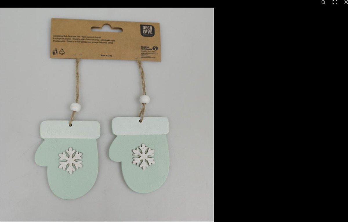 merkloze houten hanger 2 x handschoenen met sneeuw motief mint grootte 7.5 x 8.5 CM kerstboom kerst versiering