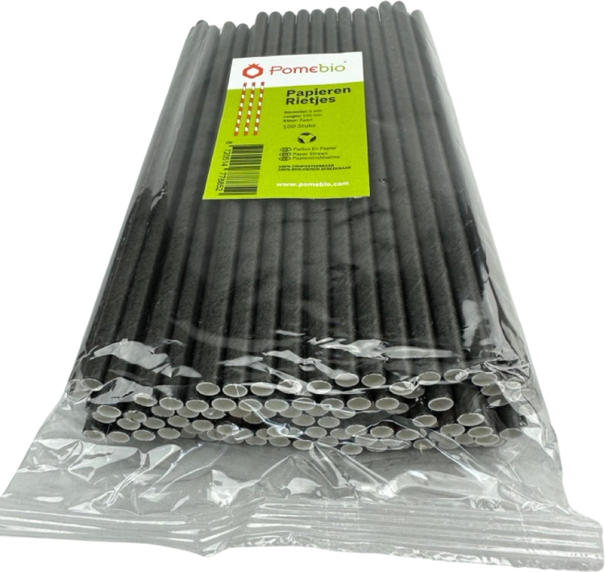 Pomebio papieren rietjes - zwart - 6x195 mm - 100 stuks