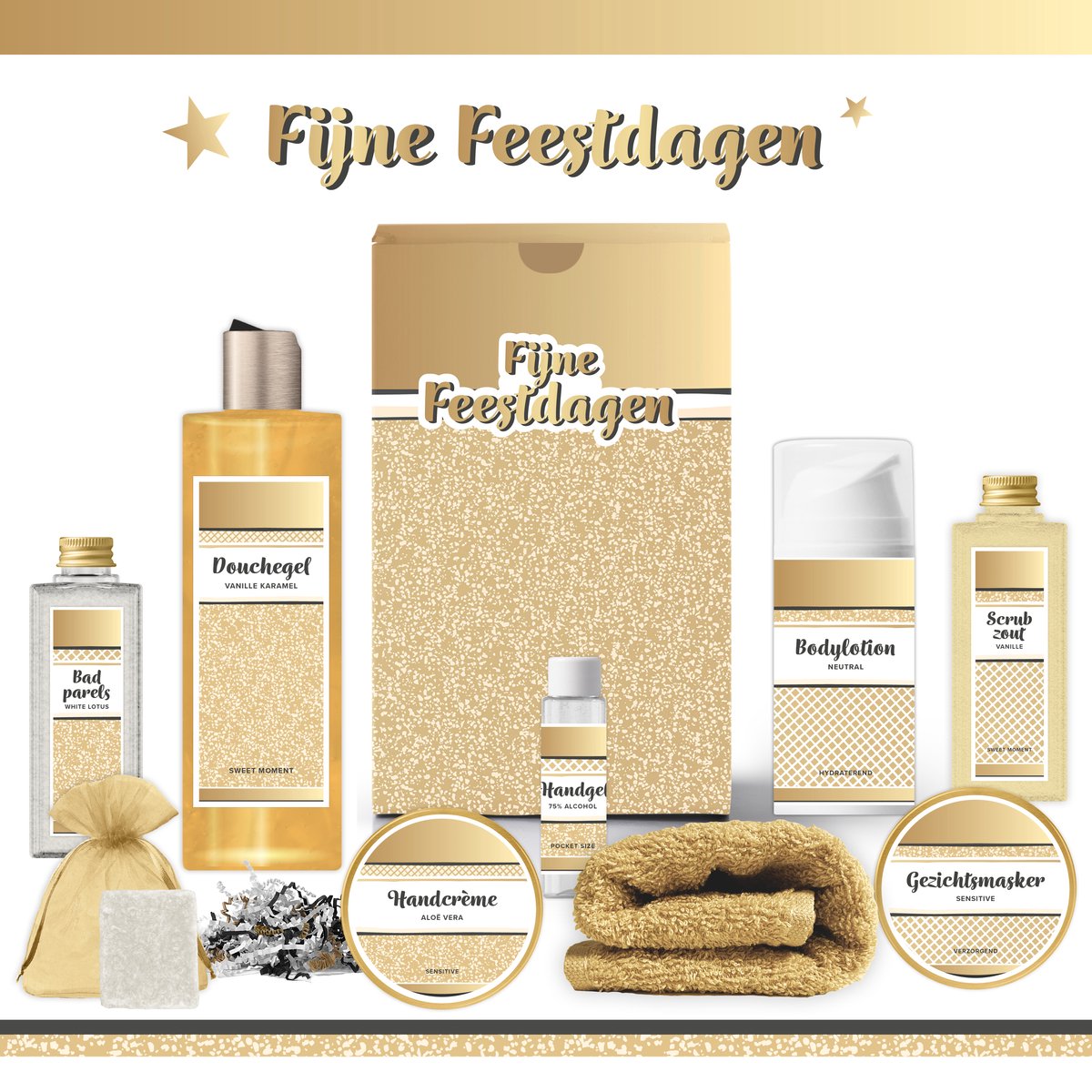 Goedkoopste Geschenkset “Fijne Feestdagen!” - 9 producten - 850 gram | Luxe Cadeaubox voor haar - Wellness Pakket Vrouw - Giftset deluxe - Cadeaupakket - Cadeau Kerst - Kerstpakket - Verwen Gift Set - Merry Christmas Pakket - Collega - Werknemer - Bedrijf - Goud