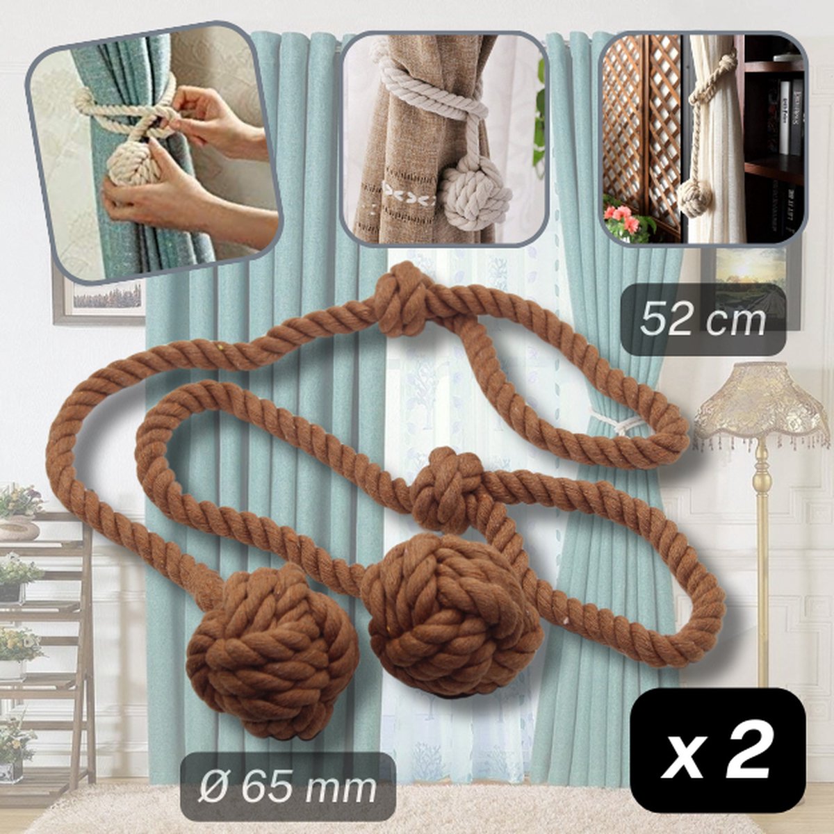 1 PAAR LUXE KATOEN GORDIJNHOUDERS/EMBRASSES GORDIJN, GORDIJNKOORD om te Knopen, Lengte 52CM, Dikte 65MM, Kleur BRUIN