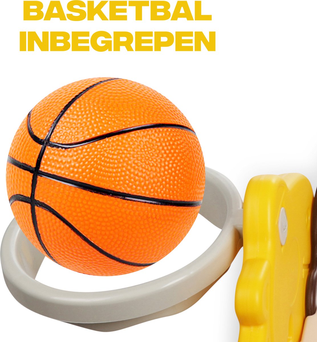 Rockerz Premium Glijbaan - Voor binnen en buiten - Speelplezier gegarandeerd - Opvouwbaar - Veilige dichte trap - Ringen spel - Basketbal ring (inclusief bal) - Muziek beertje - Kleur: Geel — afbeelding 19