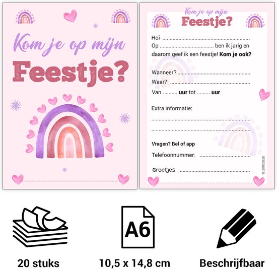 Uitnodiging kinderfeestje - Voordeelset 20 stuks - Thema Roze regenboog - Beschrijfbaar - Uitnodigingskaarten - Uitnodiging verjaardag - uitnodiging verjaardag feest - Uitnodiging kinderfeestje Jongen of Meisje - Uitnodiging feestje - uitnodigingen