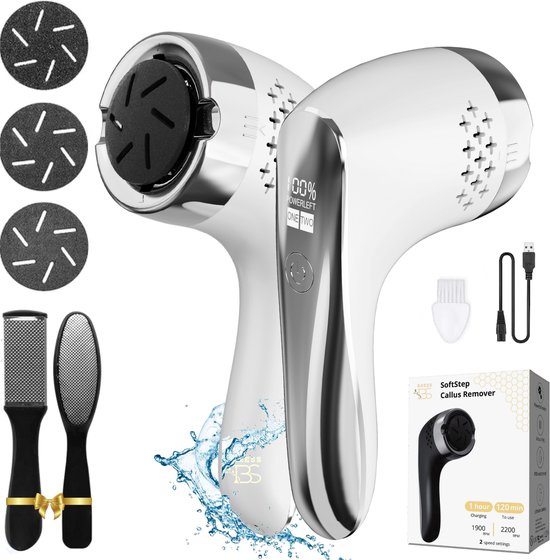 BAESS Elektrische Eeltverwijderaar - Waterdicht - Eeltvijl - 2 standen - Voetvijl - 3 slijpschrijven - Eelt verwijderaar - Wit