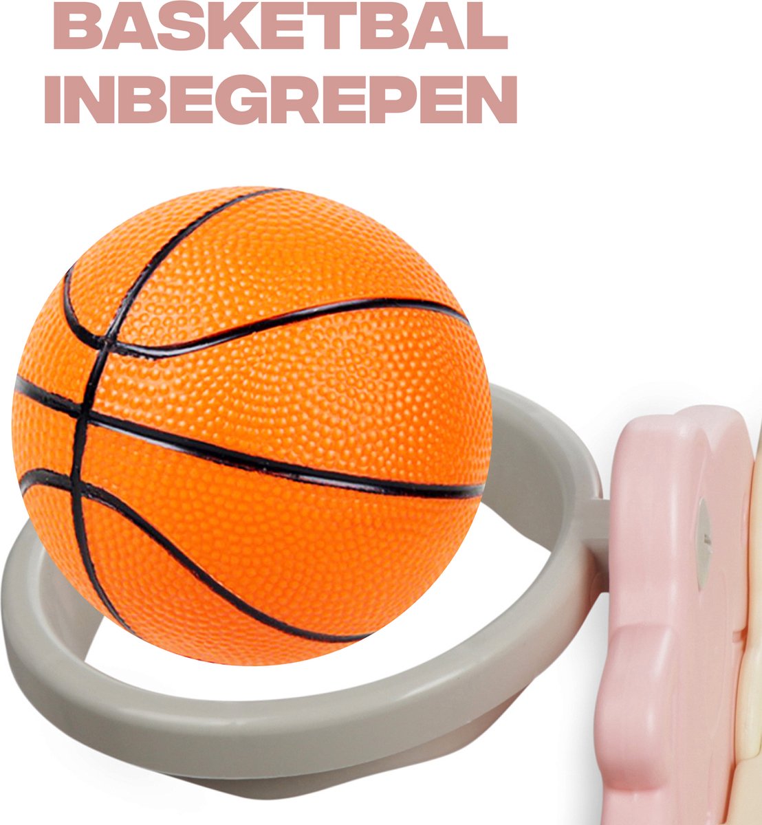 Rockerz Premium Glijbaan - Voor binnen en buiten - Speelplezier gegarandeerd - Opvouwbaar - Veilige dichte trap - Ringen spel - Basketbal ring (inclusief bal) - Muziek beertje - Kleur: Roze — afbeelding 9