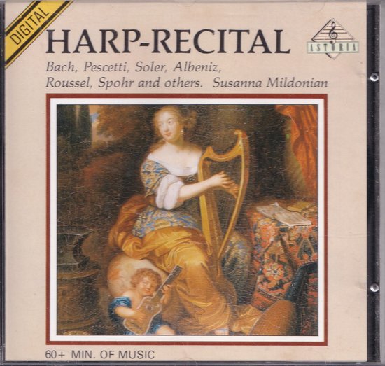 Harp-recital met Bach, Pescetti, Soler, Albeniz, Roussel, Spohr en anderen, door Susanna Mildonian. Klassiek schilderij van vrouw met harp en kind met luit.