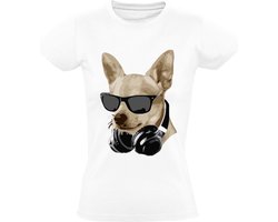 Chihuahua met een zonnebril Dames T-shirt - dieren - muziek - dj - koptelefoon - music - hond - huisdier - humor - grappig