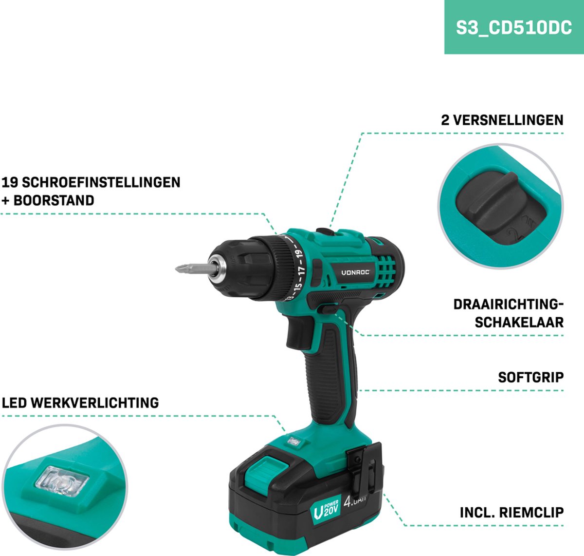 VONROC Accuboormachine 20V – 19+1 standen, 4.0Ah accu thumbnail 2