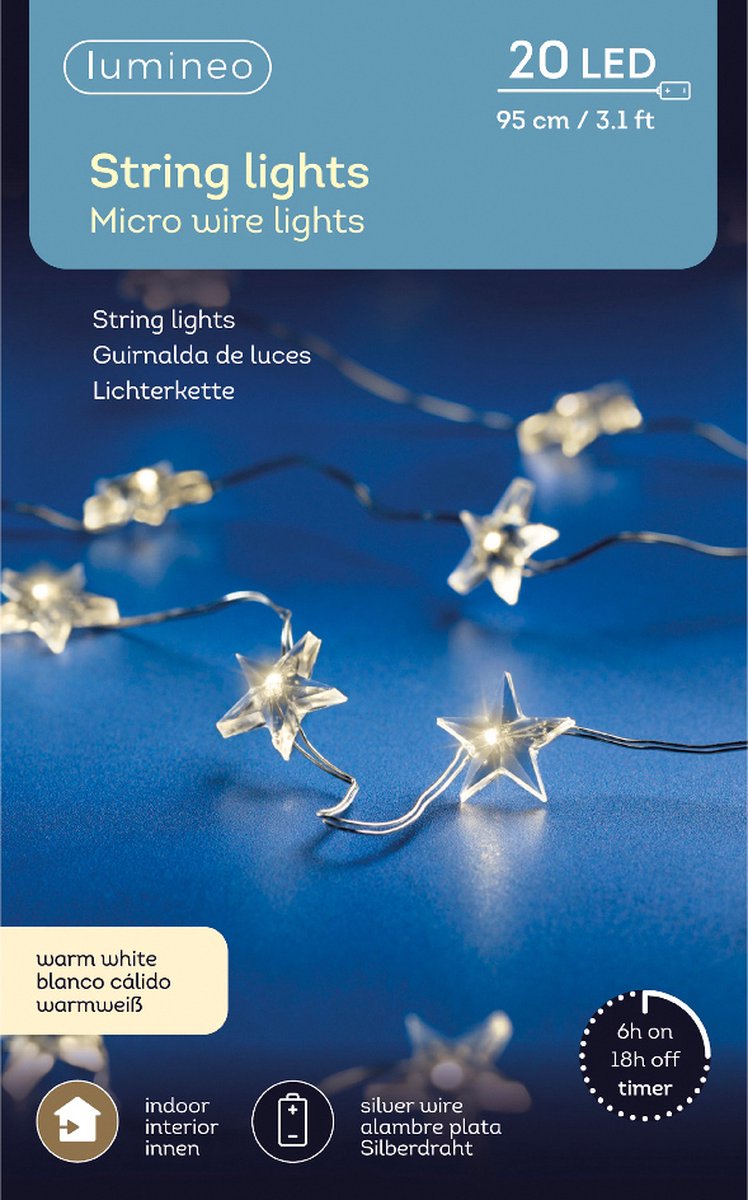 Micro LED string met sterren - 95 cm - 20 LEDs - zilverkleurig