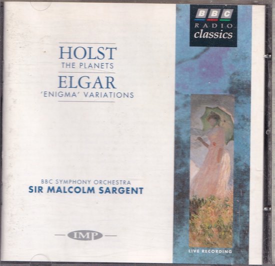 CD hoes met 'Holst The Planets' en 'Elgar Enigma Variations', BBC Symphony Orchestra o.l.v. Sir Malcolm Sargent. Afbeelding van een vrouw met paraplu. Live Recording.