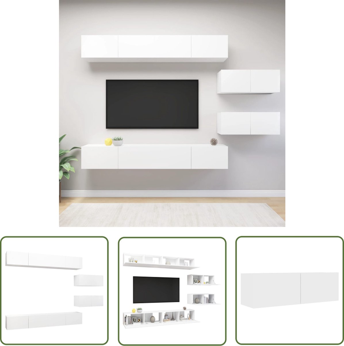 vidaXL Houten Tv-kast - Tv Meubilair - 6-delige Tv-meubelset bewerkt hout wit - Tv Kastenset - Wandmontage Tv-meubel - Living Room Furniture