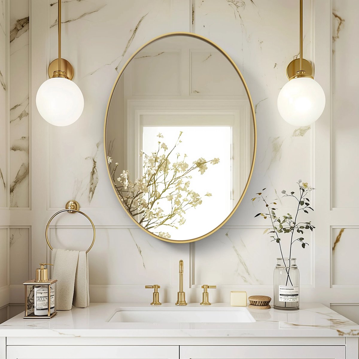 DHN Badkamerspiegel Goud - Ovale Wandspiegel - Gouden Ingelijste Spiegel Voor Muur - Decoratie spiegel Goud - Ovale Spiegel - 55 x 76 cm