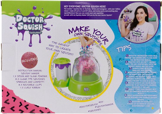 Achterkant van de Doctor Squish Squishy Maker doos met instructies en lijst van inhoud.
