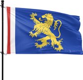 Blauwe vlag met een gele leeuw en een verticale witte en rode baan aan de linkerkant.