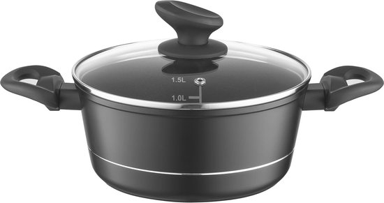 FLORINA Aluminium Pan (3,5 l) 28 cm I Kookpan DELUX met Glazen Deksel I Maatbeker & Krasbestendige Coating I Lage Pan I Geschikt voor Inductiekookplaat, Gaskookplaat, Elektrische Kookplaat (Zwart