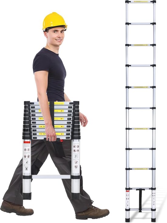 Telescoopladder, 5 m, antislip, uittrekbaar, aluminium, belastbaar tot