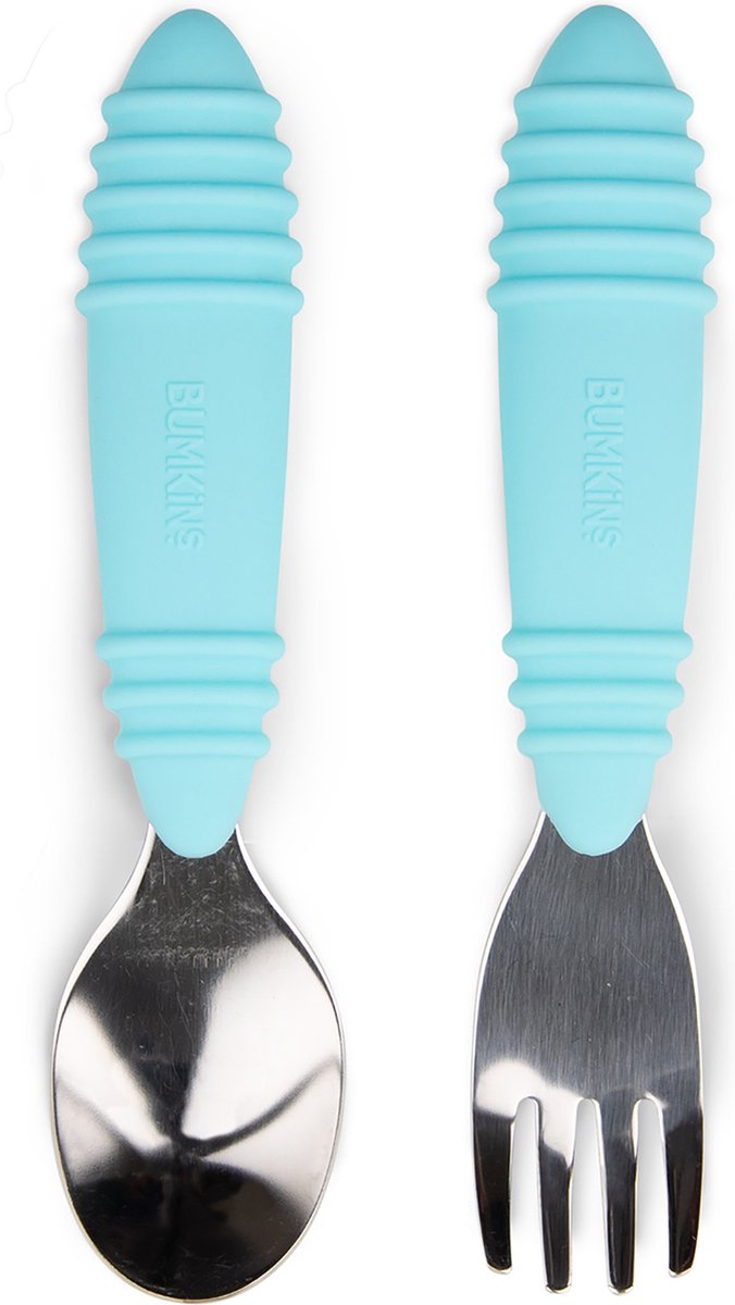 Goedkoopste Bumkins - kinderbestek 2-delig, lepel en vork - rvs en siliconen - blauw