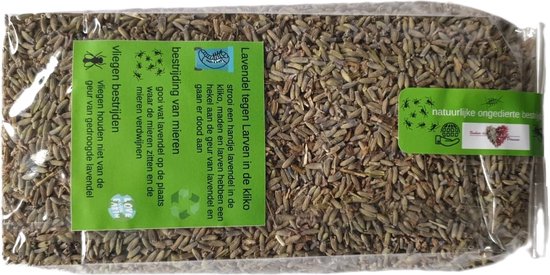 Een zak gedroogde lavendelkorrels met groene etiketten die instructies en afbeeldingen van insecten tonen.