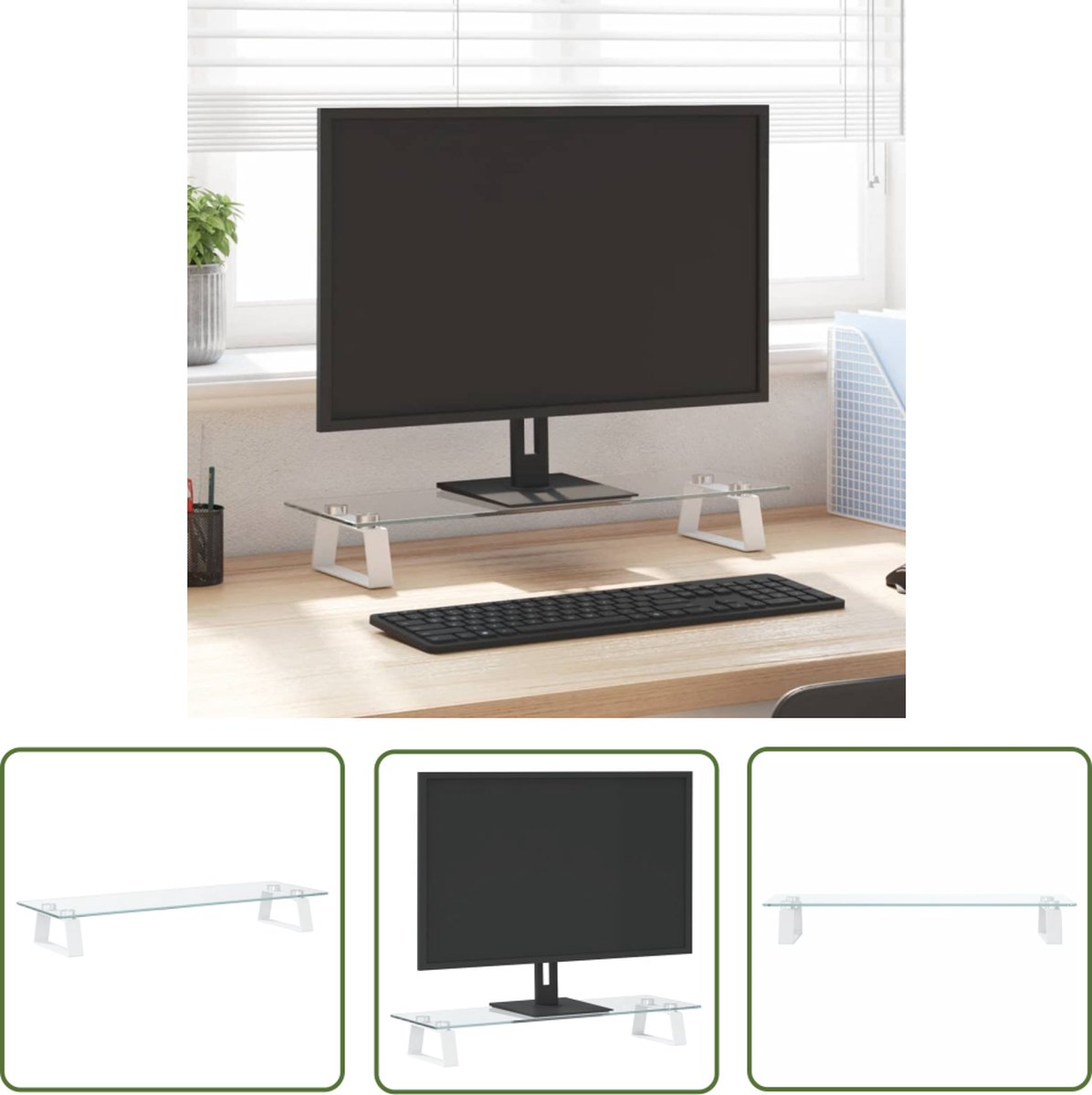 vidaXL - Monitorstandaard - 60x20x8 - cm - gehard - glas - en - metaal - wit