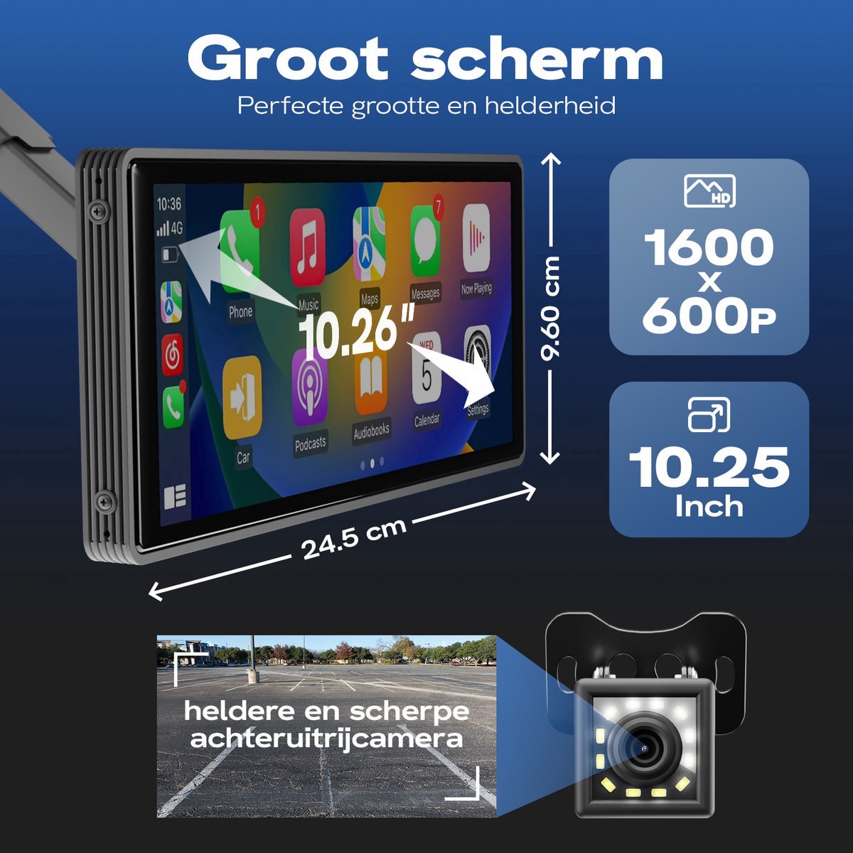 Carplay Scherm 10.26 Inch Touchscreen met Achteruitrijcamera, Apple Carplay en Android Auto, Draadloos - Afbeelding 3